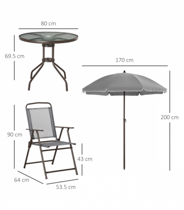 6Pc Patio Dining Set with Umbrella, 4 Folding Chairs Glass Table