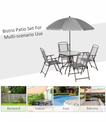 6Pc Patio Dining Set with Umbrella, 4 Folding Chairs Glass Table