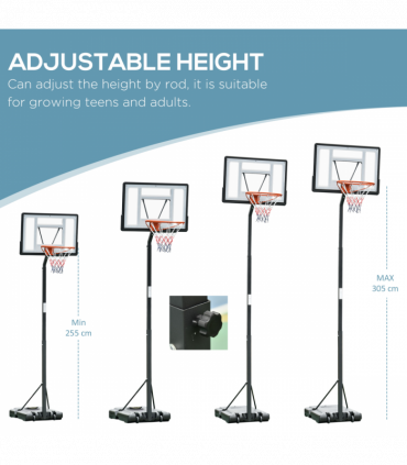 Basketball Hoop Freestanding 255-305cm Height Adjustable Stand  Wheels HOMCOM