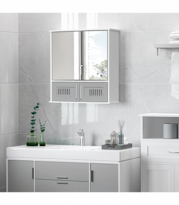 Bathroom Mirror Cabinet, Wall Mounted Storage Cupboard with Double Doors Grey
