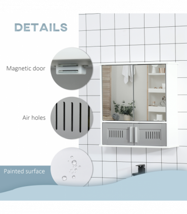 Bathroom Mirror Cabinet, Wall Mounted Storage Cupboard with Double Doors Grey
