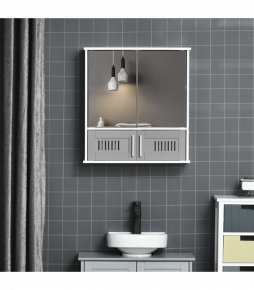 Bathroom Mirror Cabinet, Wall Mounted Storage Cupboard with Double Doors Grey