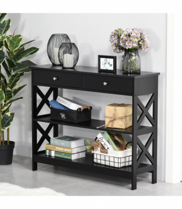 Console Table Side Desk Shelves Drawers Open Top Hallway Black