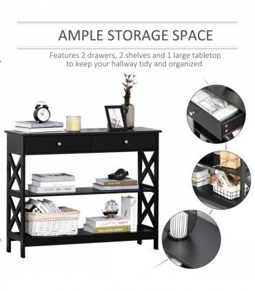 Console Table Side Desk Shelves Drawers Open Top Hallway Black