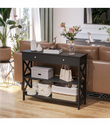 Console Table Side Desk Shelves Drawers Open Top Hallway Black