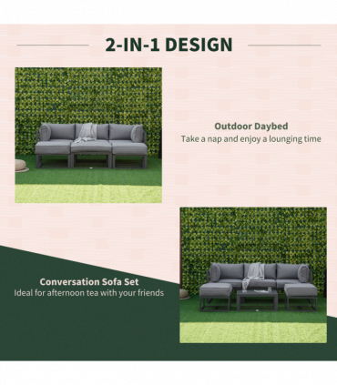 Daybed 6 Piece Sectional Sofa Set, & Coffee Table, Footstool & Cushions, Grey