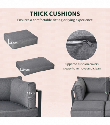 Daybed 6 Piece Sectional Sofa Set, & Coffee Table, Footstool & Cushions, Grey