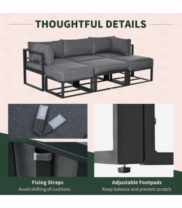 Daybed 6 Piece Sectional Sofa Set, & Coffee Table, Footstool & Cushions, Grey