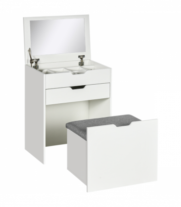 Dressing Table Set w/ Flip-up Mirror & Stool, Drawer and Compartments, White
