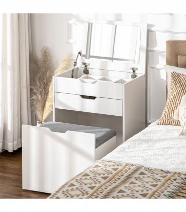 Dressing Table Set w/ Flip-up Mirror & Stool, Drawer and Compartments, White