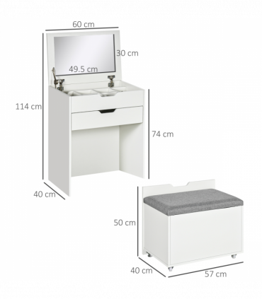 Dressing Table Set w/ Flip-up Mirror & Stool, Drawer and Compartments, White