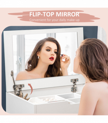 Dressing Table Set w/ Flip-up Mirror & Stool, Drawer and Compartments, White