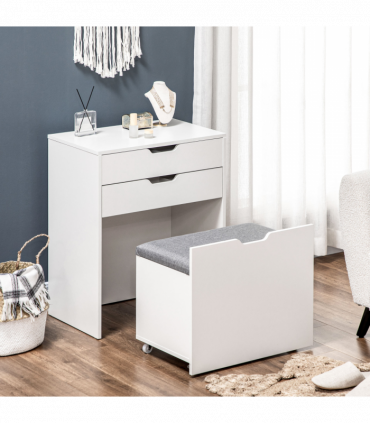 Dressing Table Set w/ Flip-up Mirror & Stool, Drawer and Compartments, White