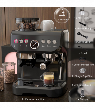 Espresso Coffee Machine w/ Integrated Bean Grinder & Steam Wand 15 Bar Pressure