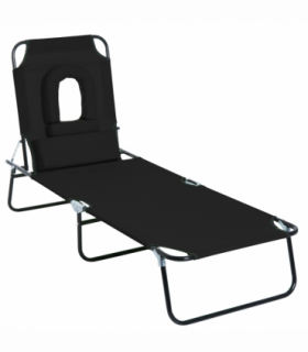 Folding Sun Lounger Reclining Chair w/ Pillow Reading Hole Black