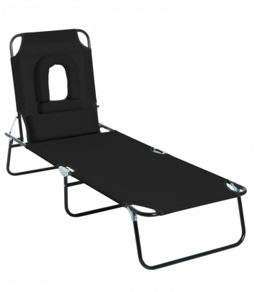 Folding Sun Lounger Reclining Chair w/ Pillow Reading Hole Black