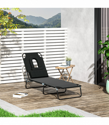 Folding Sun Lounger Reclining Chair w/ Pillow Reading Hole Black