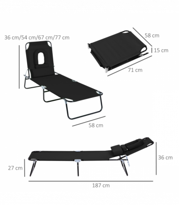 Folding Sun Lounger Reclining Chair w/ Pillow Reading Hole Black