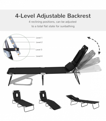 Folding Sun Lounger Reclining Chair w/ Pillow Reading Hole Black