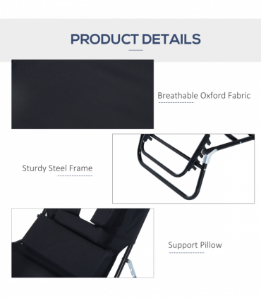 Folding Sun Lounger Reclining Chair w/ Pillow Reading Hole Black