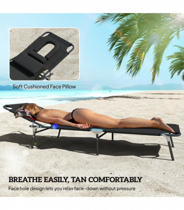 Folding Sun Lounger Reclining Chair w/ Pillow Reading Hole Black
