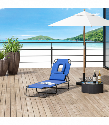 Folding Sun Lounger Reclining Chair w/ Pillow Reading Hole Blue