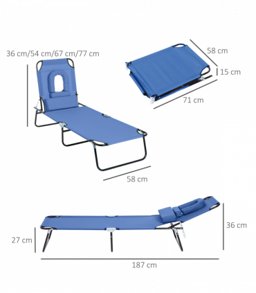 Folding Sun Lounger Reclining Chair w/ Pillow Reading Hole Blue