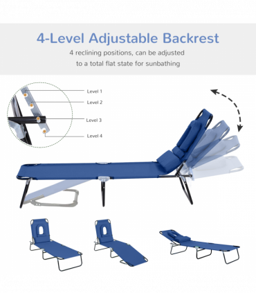 Folding Sun Lounger Reclining Chair w/ Pillow Reading Hole Blue