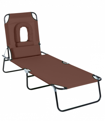 Folding Sun Lounger Reclining Chair w/ Pillow Reading Hole Brown