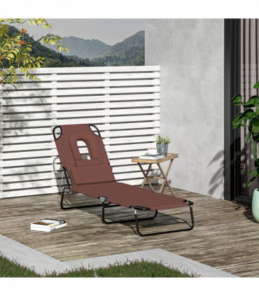 Folding Sun Lounger Reclining Chair w/ Pillow Reading Hole Brown