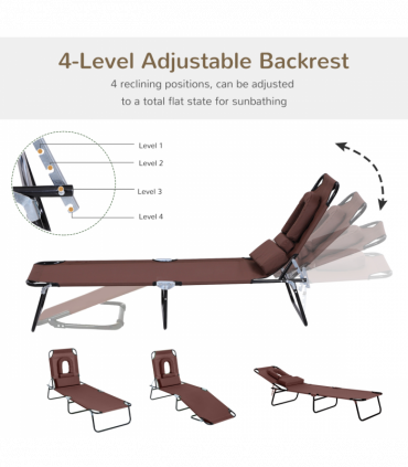 Folding Sun Lounger Reclining Chair w/ Pillow Reading Hole Brown