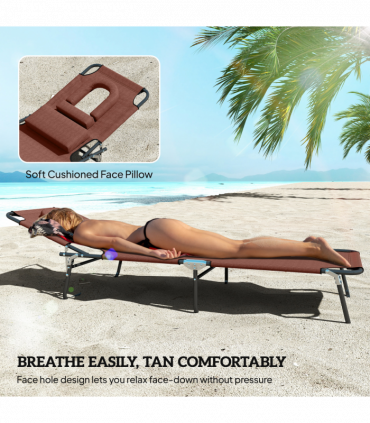 Folding Sun Lounger Reclining Chair w/ Pillow Reading Hole Brown