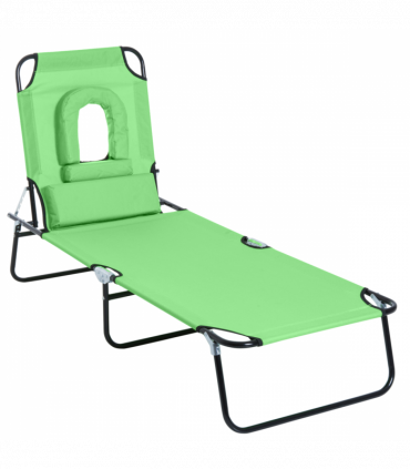 Folding Sun Lounger Reclining Chair w/ Pillow Reading Hole Green