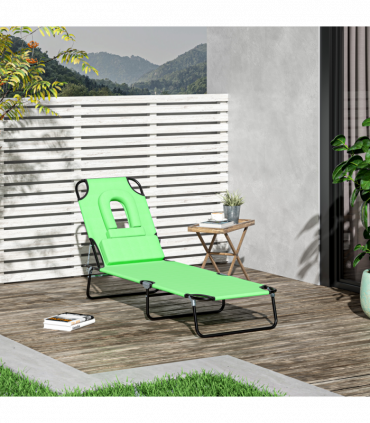 Folding Sun Lounger Reclining Chair w/ Pillow Reading Hole Green