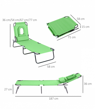 Folding Sun Lounger Reclining Chair w/ Pillow Reading Hole Green