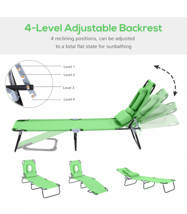 Folding Sun Lounger Reclining Chair w/ Pillow Reading Hole Green