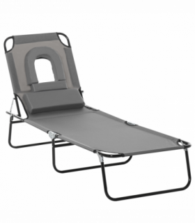 Folding Sun Lounger Reclining Chair w/ Pillow Reading Hole Grey