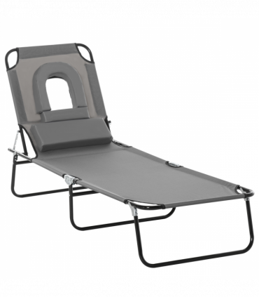 Folding Sun Lounger Reclining Chair w/ Pillow Reading Hole Grey
