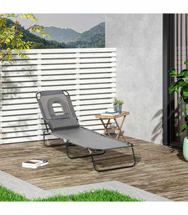 Folding Sun Lounger Reclining Chair w/ Pillow Reading Hole Grey