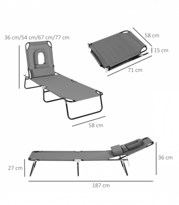 Folding Sun Lounger Reclining Chair w/ Pillow Reading Hole Grey