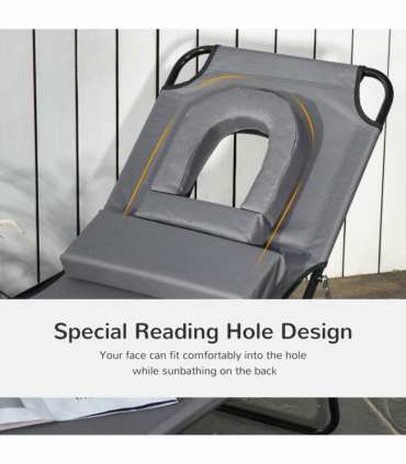 Folding Sun Lounger Reclining Chair w/ Pillow Reading Hole Grey