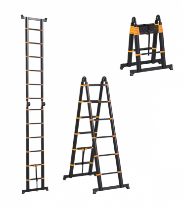 HOMCOM 3.8M Duo Aluminium Ladder Tool Holder Herringbone Deployed, Yellow