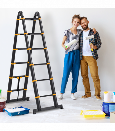 HOMCOM 3.8M Duo Aluminium Ladder Tool Holder Herringbone Deployed, Yellow