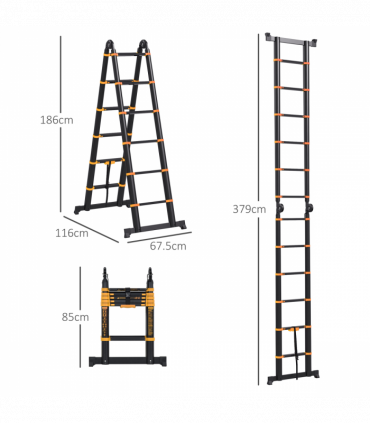HOMCOM 3.8M Duo Aluminium Ladder Tool Holder Herringbone Deployed, Yellow