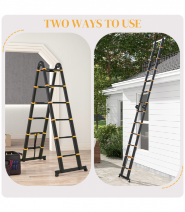 HOMCOM 3.8M Duo Aluminium Ladder Tool Holder Herringbone Deployed, Yellow