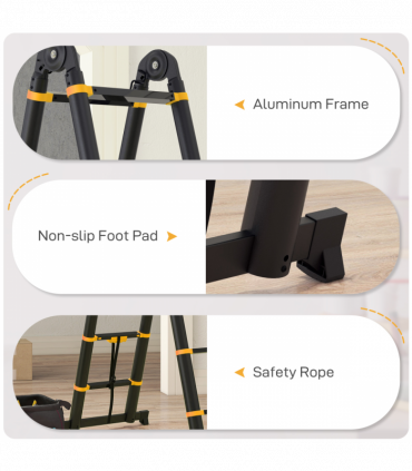 HOMCOM 3.8M Duo Aluminium Ladder Tool Holder Herringbone Deployed, Yellow