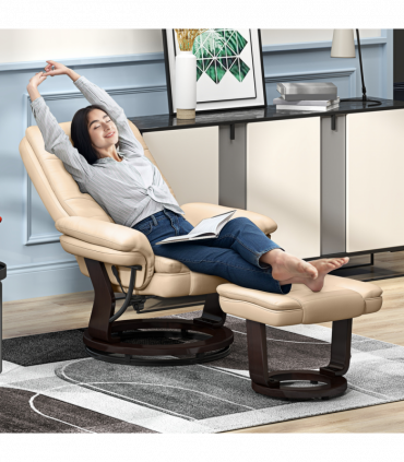 HOMCOM Swivel Manual Recliner and Footrest Set PU Leather Lounge Chair Beige
