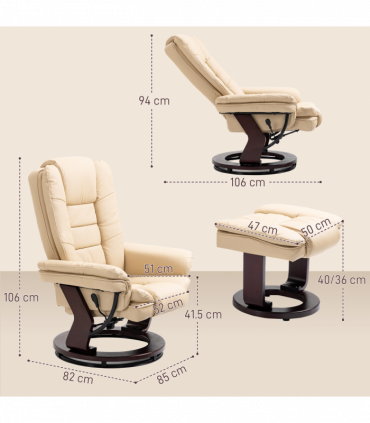 HOMCOM Swivel Manual Recliner and Footrest Set PU Leather Lounge Chair Beige