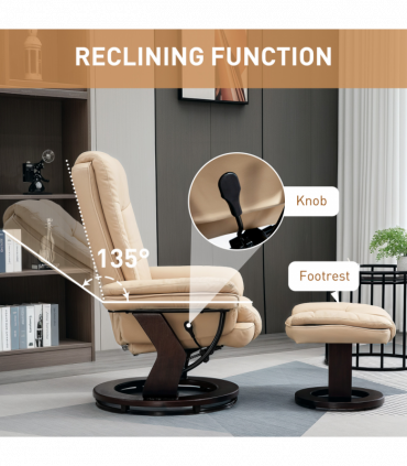 HOMCOM Swivel Manual Recliner and Footrest Set PU Leather Lounge Chair Beige