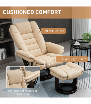 HOMCOM Swivel Manual Recliner and Footrest Set PU Leather Lounge Chair Beige